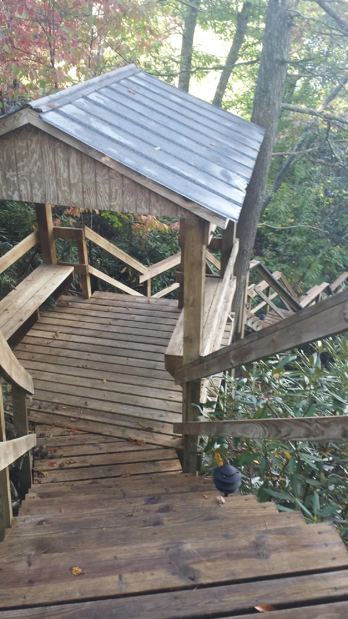 Metal roofed shelter over wooden steps on a wooded walkway — Skylight Repair & Installation work by our crew in Clackamas